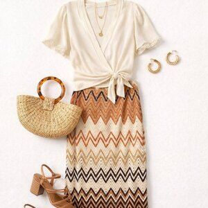 PaulnKC Burnt Orange & Brown Chevron Print Lace Maxi Skirt - Size Small